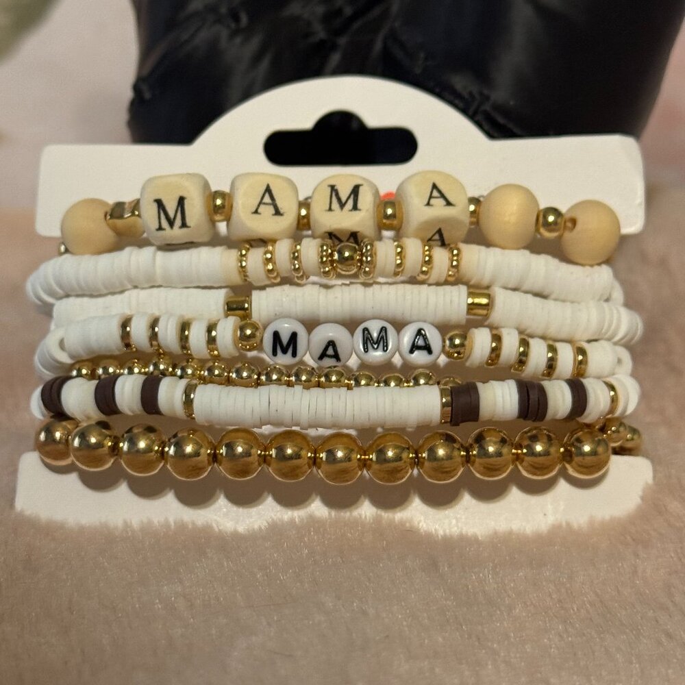 MAMA Beaded Bracelet Set – Neutral White & Gold Stack